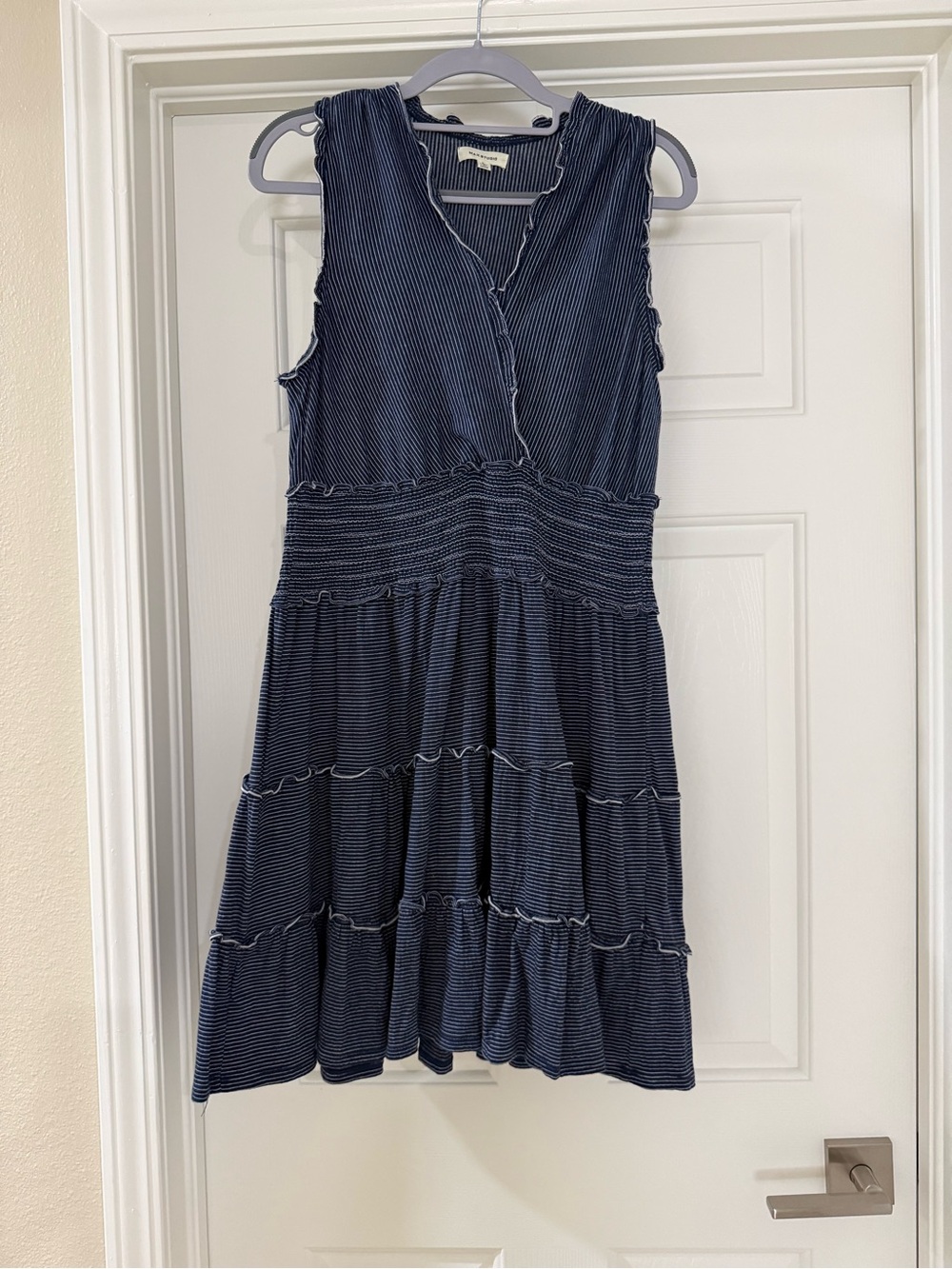 Max Studio Navy and White Striped Sleeveless Tiered Maxi Dress